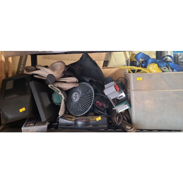 Contents of Garage Shelf Including: Welding Mask, Ceramic 12V Car Heater , Ratchet Straps and More!