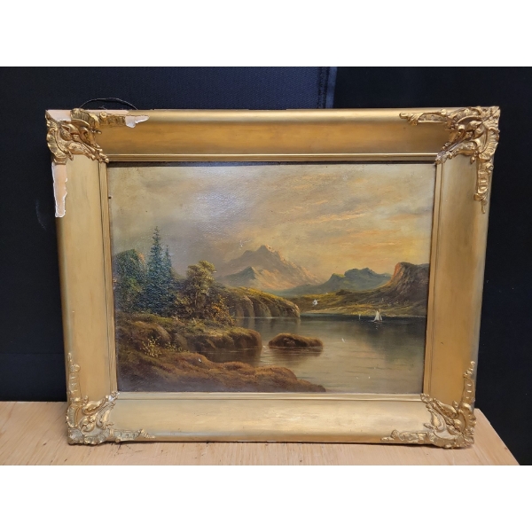 Antique Oil on Board Waterscape with Damaged Frame 20x18 inches