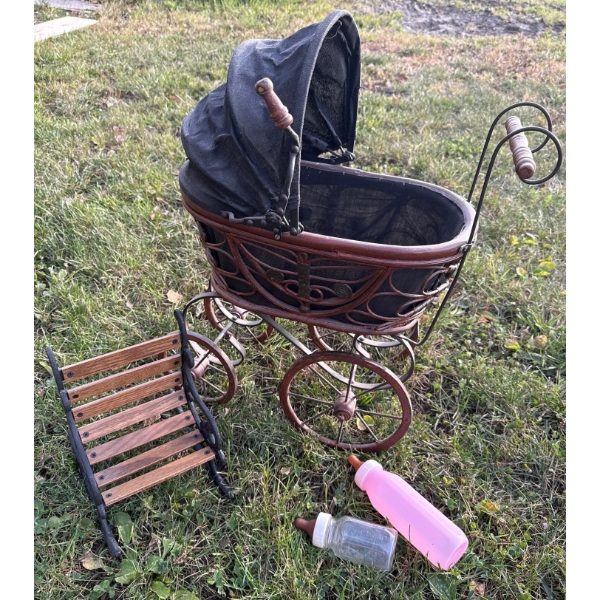 Collectible Doll Accessories - Antique Pram w/ Iron & Wood Outdoor Seat 9T & More