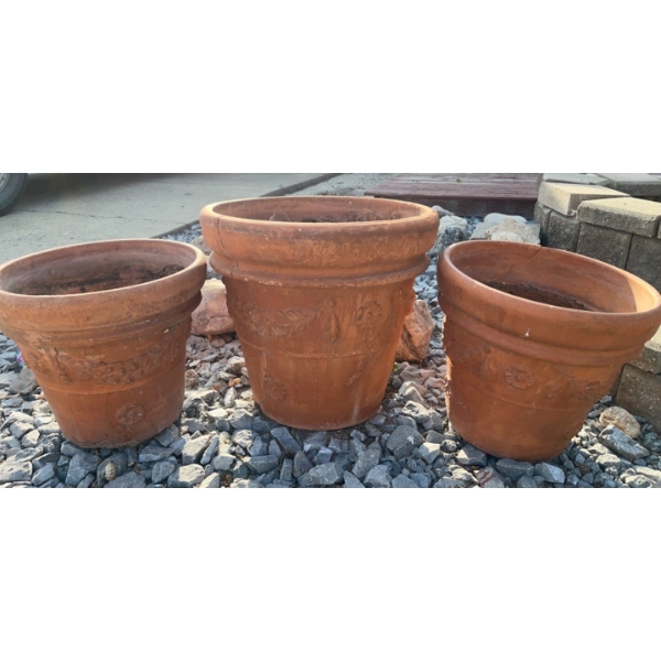 3 Terra Cotta Planters 20T (Damaged See Photo)