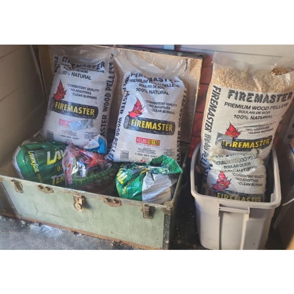 Several Bags of Firemaster Wood Pellets and Steamer Trunk 36 W, 20 D, 18 T