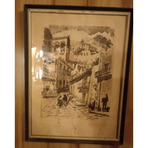 Joel Cabrera 's Puerto Vallarta Town Villiage-- Painting Framed Ink Art  14" x 18"tall