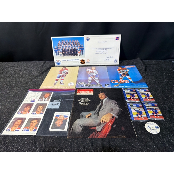 Edmonton Oilers Memorabilia Set With Four Unopened Wayne Gretzky Hockey Card Packs