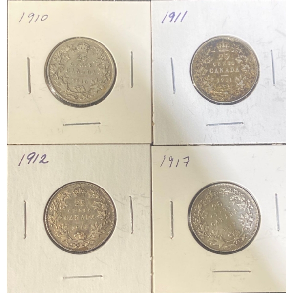 1910, 1911, 1912, and 1917 92.5% Silver Quarters 5.81 Grams Each