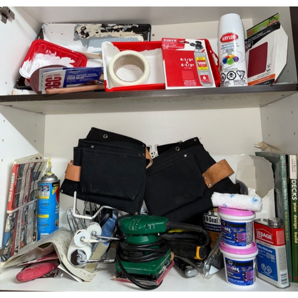 Cupboard Full Of Painting Supplies- Sandpaper, Tool Belt, Trays, Rollers, Brushes, Putty +++