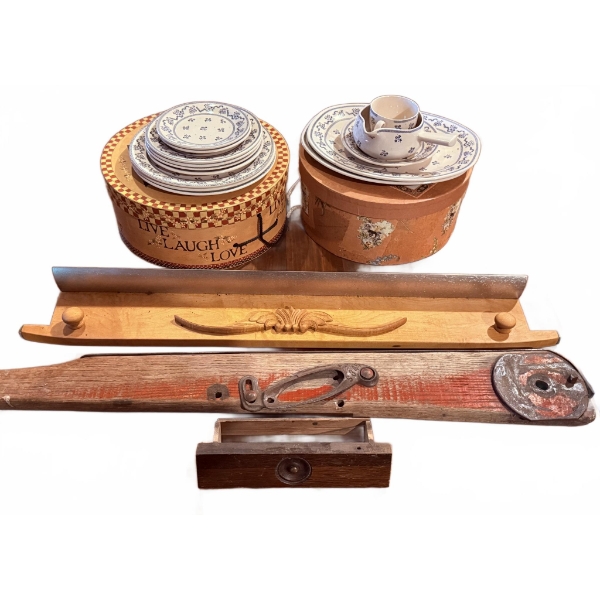 Plates, Cups, Hat Boxes, Wood Shelves and Hardware Pieces