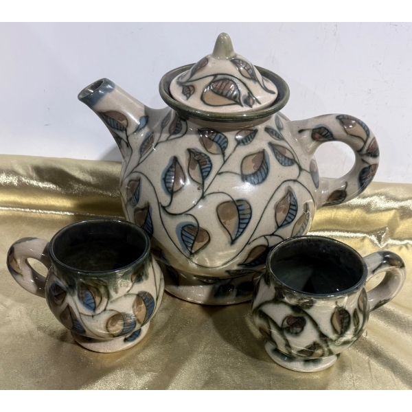 Hand-Painted Ceramic Tea Set with Leaf Motif, Three-Piece