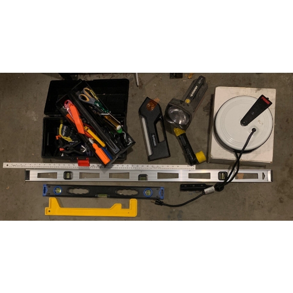Garage Essentials - 4 Foot Level Flash Lights Tool Tote w/ Contents & more