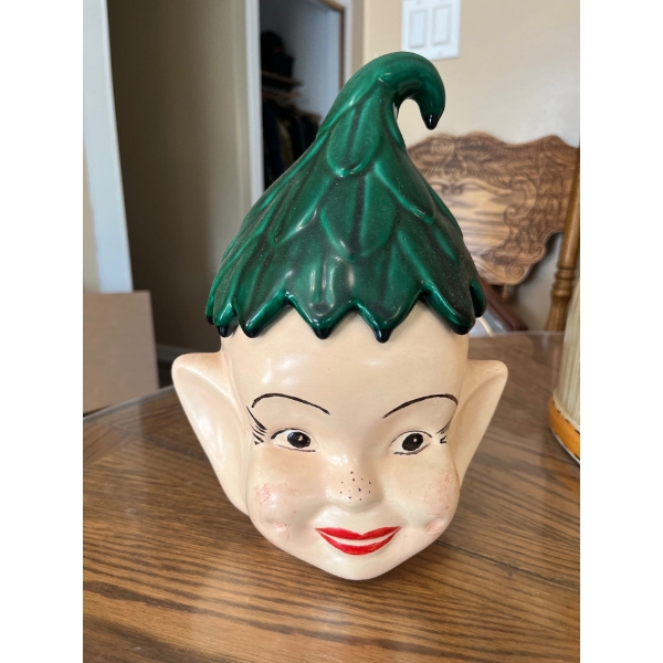 Vintage Ceramic Cookie Jar Shaped Like An Elf Or Pixie Head 1960