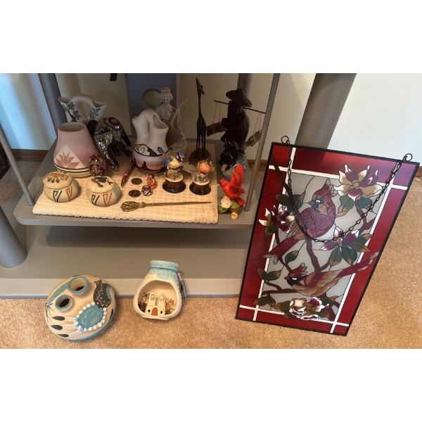 Decor Feat. Indigenous/Cultural Pottery, Bird Bone China, Stained Glass Birds,  Wood Sculptures