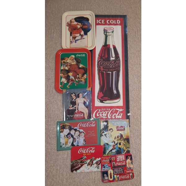 Coca-Cola Collectibles: Paper Poster 12 X 36, Trays 10.5 X 14, Metal Signs 8 X 12 and Smaller