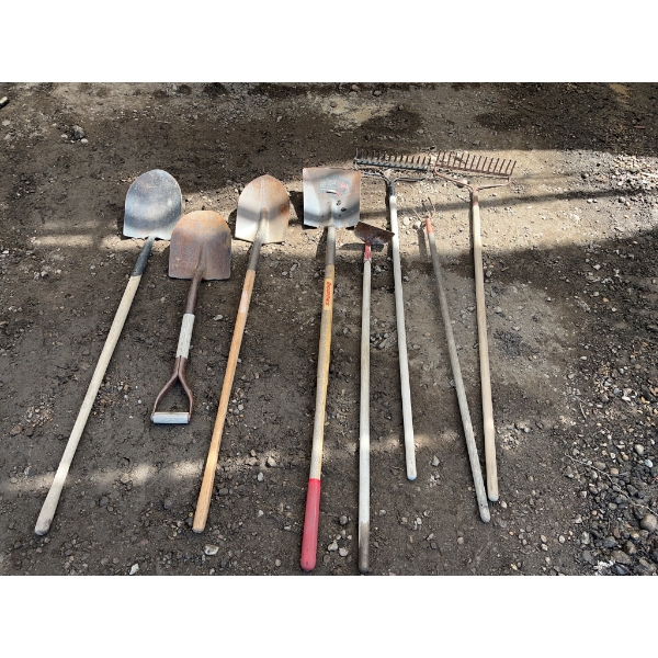 Garden Tools Including Shovels, Rakes, Hoe, and Cultivator