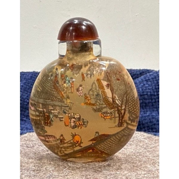  Hand Painted Village Scene Glass Snuff Bottle  2.5H
