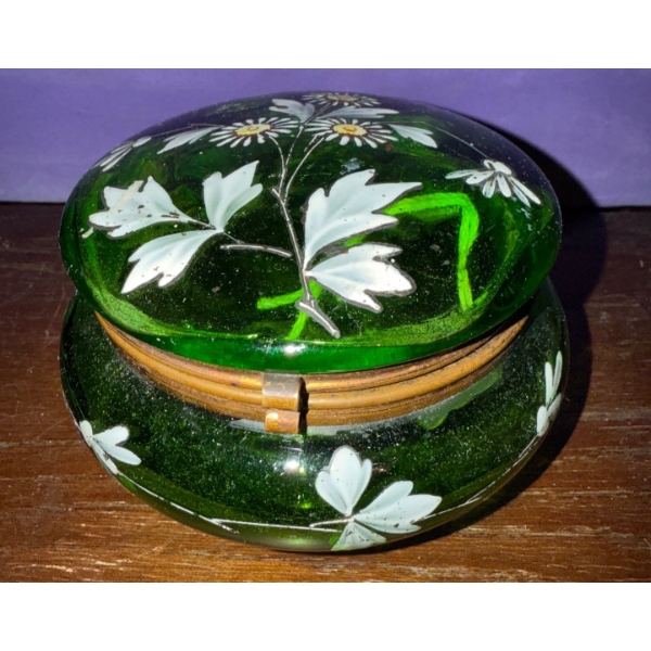 Antique Moser Green Glass Trinket Box w/Hand Painted Floral Enamel
