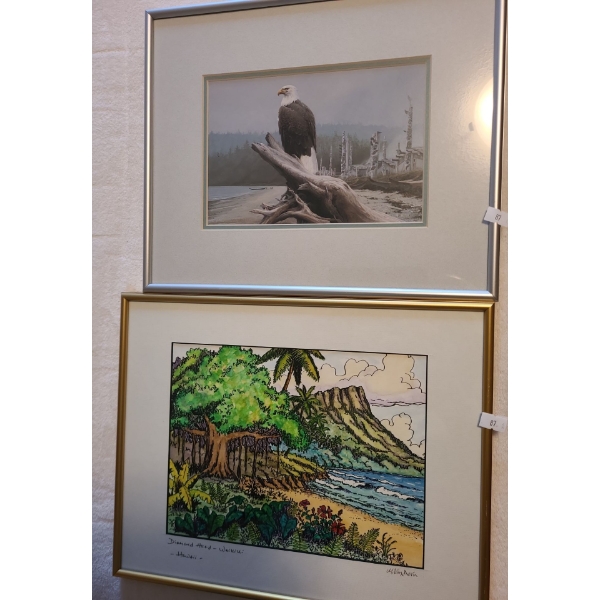 Gordon Miller Eagle Print 13.5 X 11 and Diamond Head Waikiki Drawing 14.5 X 11.5, Framed Under Glass