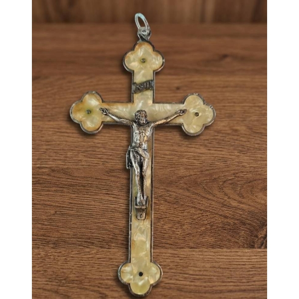 Crucifix with Metal Corpus and Yellow-Toned Inlay