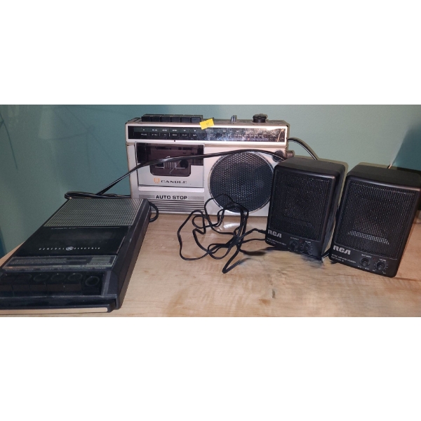 GE Cassette 3-5015D (No Cord Included/ Battery), Candle Radio JTR1153, RCA 5-4051 Mini Speakers 