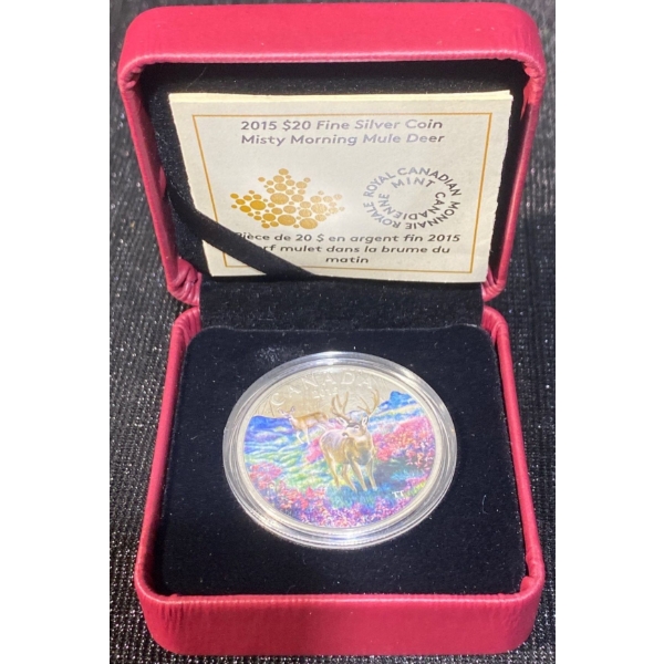 2015 $20 Misty Morning Mule Deer Fine Silver Coin 31.39 Grams