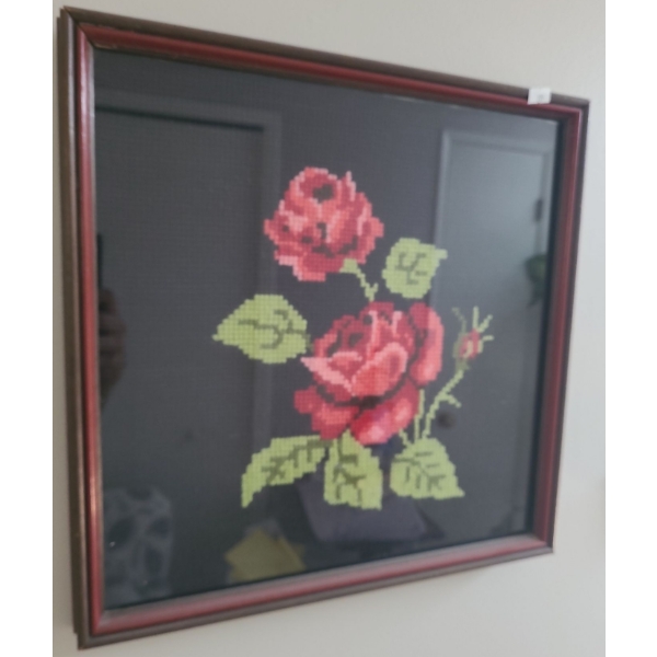 Framed Needlepoint of Roses 17 X 17