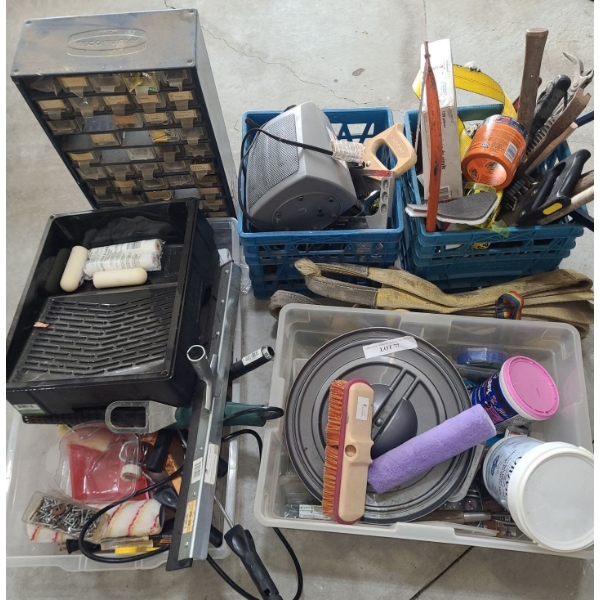 Garage Essentials Including: Hardware, Hand Tools, Dayton Ceramic Heater Model 1VNW9A and More! 