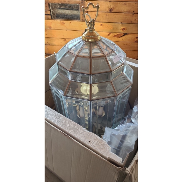 Large Brass & Glass Hanging Light Fixture. 20 dia, 42 h