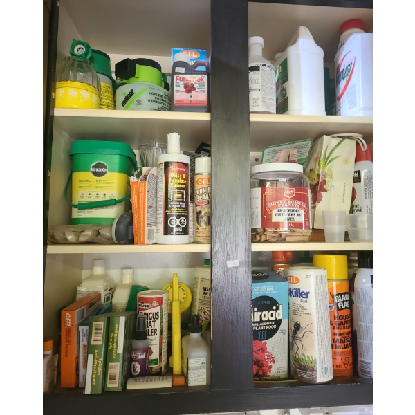 Contents of Garage Cupboard and Drawers- Fertilizer, Cleaning Products, Utility Gloves and More!