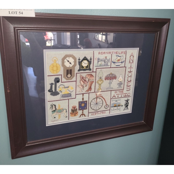 Framed Antique Themed Needlepoint w Glass w 20 h