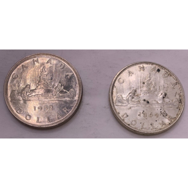 Canadian Silver Dollar 1952 (80% Pure Ag) 23.4g & Canadian Silver Dollar 1960 23.1g (80% Pure Ag)