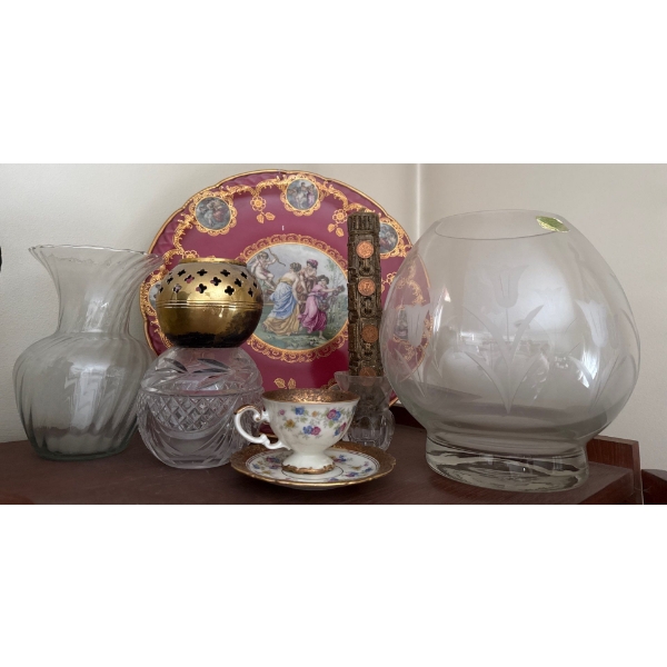 Collection Of Vintage Decorative Items - Austrian Crystal Vessels Brass Candle Holder & More