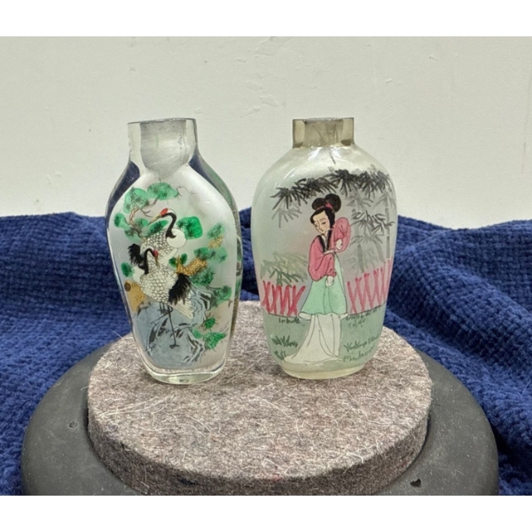 Pair of Hand Painted Glass Snuff Bottles  2.75H (lids missing)