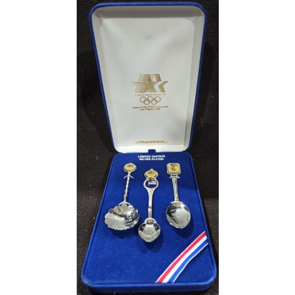 Limited Edition Silver Plated 1984 Olympic Collectors Spoons In Blue Velvet Case