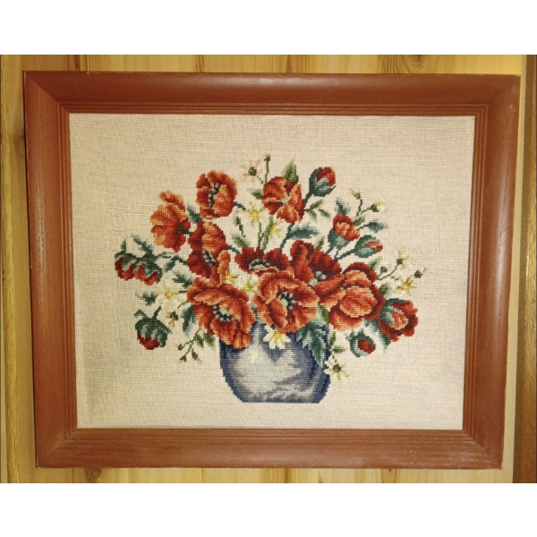 Vintage Cross Stitch Framed Tapestry Retro Crewel Picture Art  22" x 26"tall