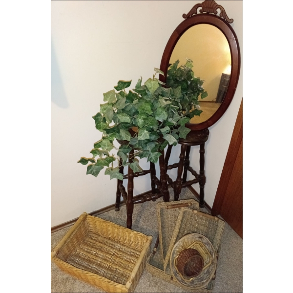 Two Vintage Wood Bar Stools, Beautiful Hanging Mirror, Silk Plant, & Assorted Baskets For Any Home
