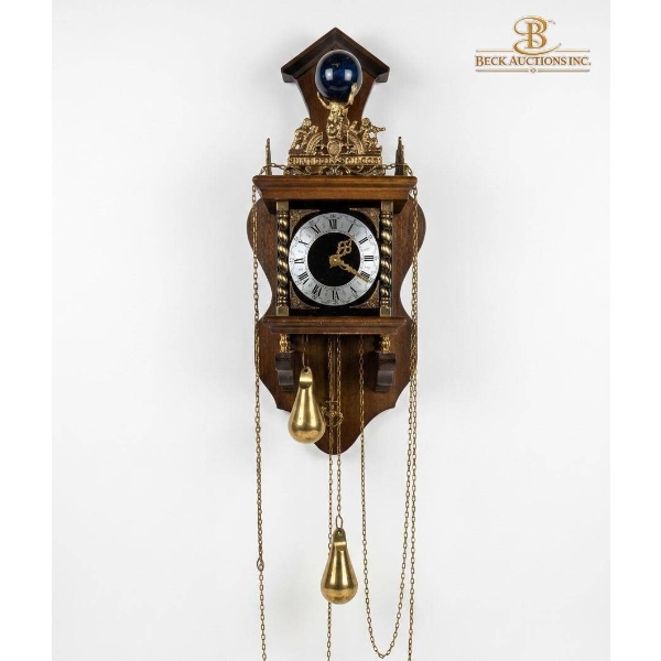 Mid-Century Wooden Wall Clock with Brass Weights and Pendulum