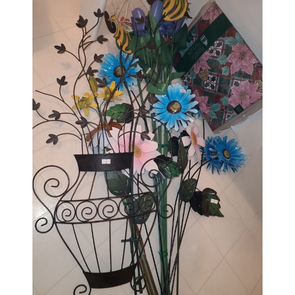 Metal Flowers: Black Basket 31 T, Flowers Various Heights and Flannel Back Vinyl Tablecloth