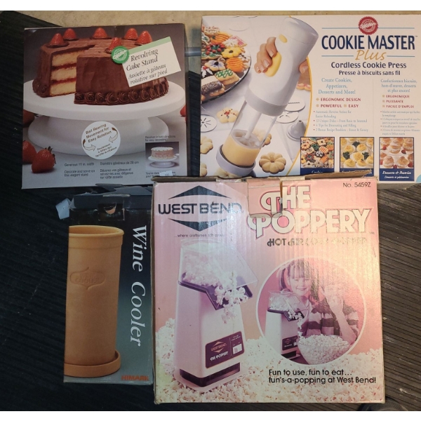 Westbend Popcorn Maker, Cake Stand, Cookie Press, Terra Cotta Wine Cooler 