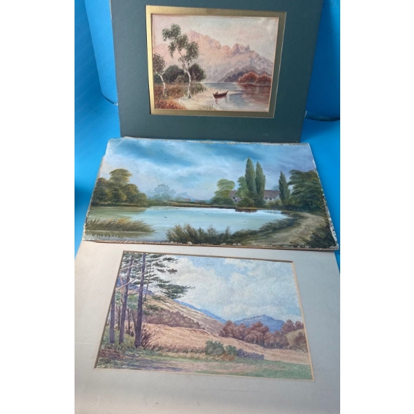 Vintage Watercolor Collection Unsigned w/ W. Marshall Signed Chalk/Oil on Board 
