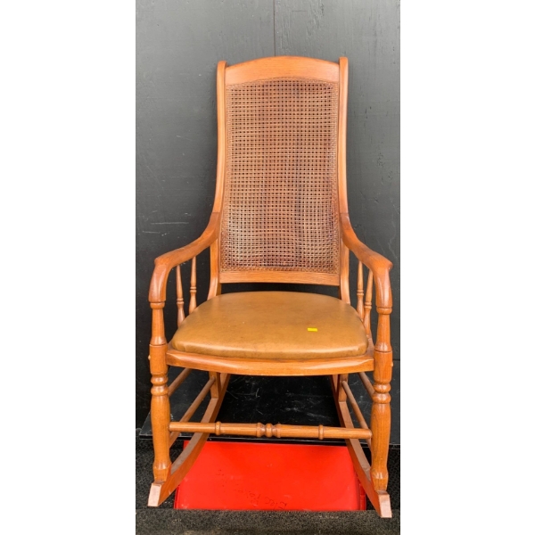 Wooden Woven Rocking Chair - 22W, 32D, 43T (minor tearing on woven part) 