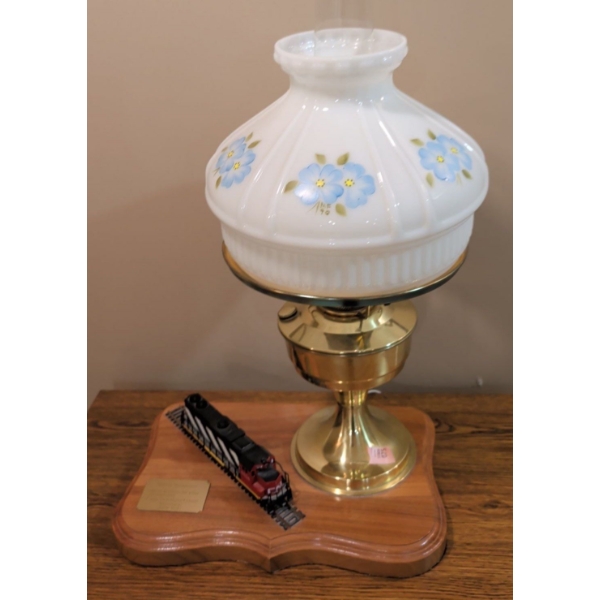 CN Employee Milestone Gift -Vintage White Milk Glass & Brass Lamp w/ Model Train