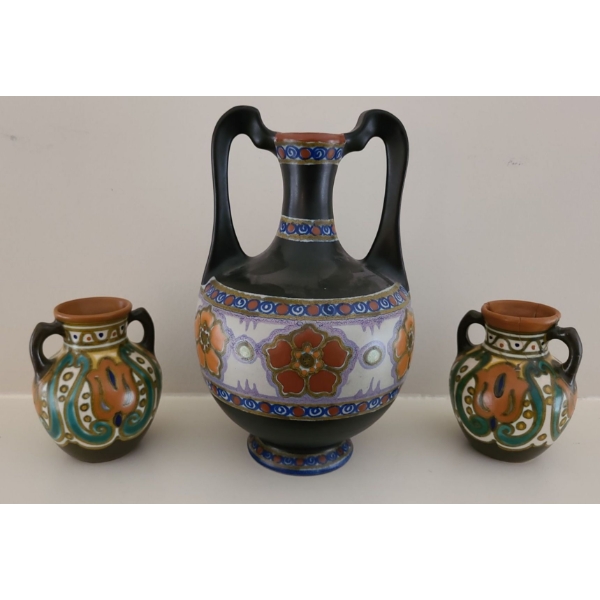 Holland Hand Decorated Vase Trio (One Smaller Vase has Cracks, But Repaired) - Tallest is 10T 