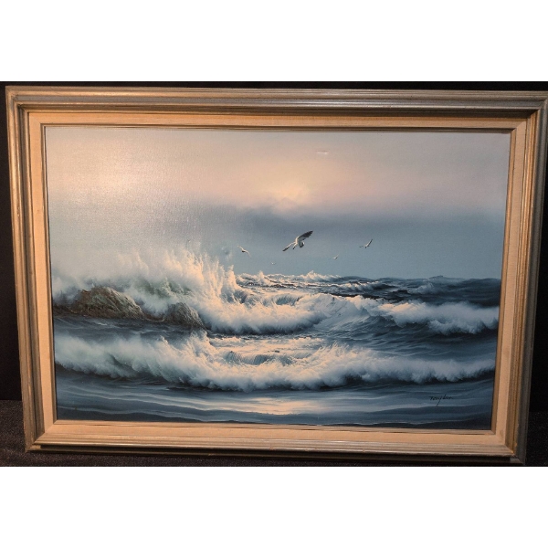 Original Ocean Wave Painting by Taylor, Signed, in Wooden Frame