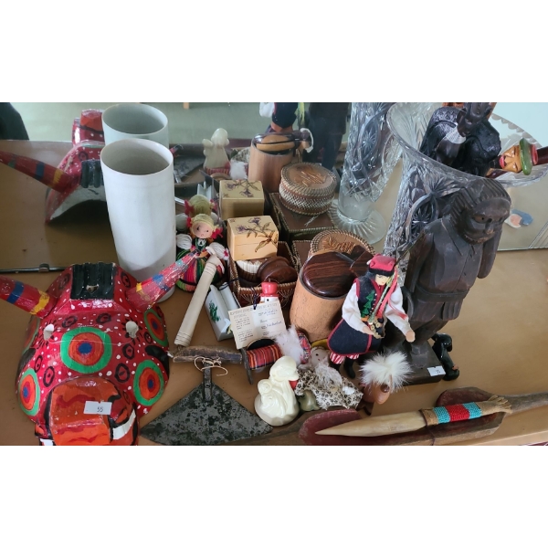 Collection of Household Trinkets, Carved Wood Figures, Flower Vase, Little Boxes and More!