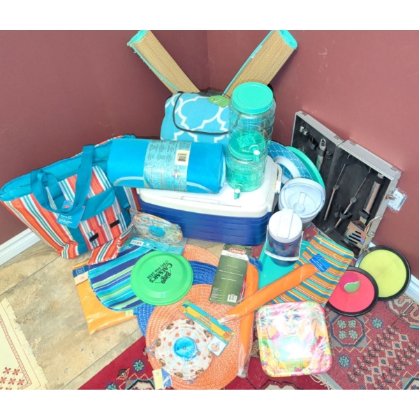 Camper's Collection - Beach Mats Cooler Thermus' Camp Dishes Plaid Table Cloth & More 