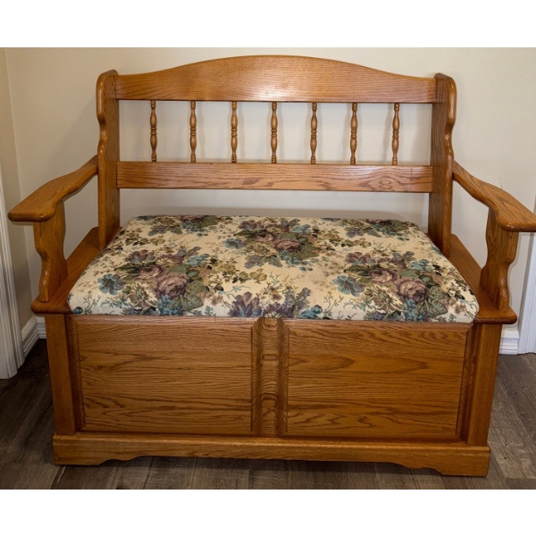 Oak Spindle Bench w/ Hinged Storage Compartment & Floral Upholstered Seat