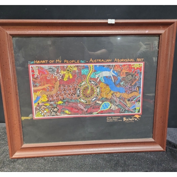 Textile Print "Heart of My People", Australian Aboriginal Art, Framed Under Glass 23.5 X 19.5