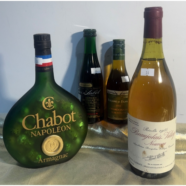 4 Bottles: Chabot Armagnac, 1985 Beaujolais, 1996 Chardonnay, and Bernkastel Riesling