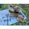 Image 1 : Antique boxes, horseshoes, weathervane, and McCormik Deering Antique scale.