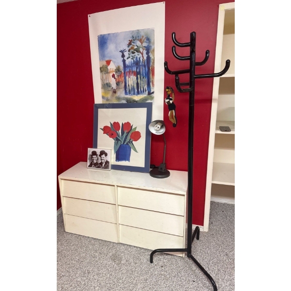 Vintage Minimalist Dressing Table w/ Coat Tree Desk Lamp & Assorted Wall Decor
