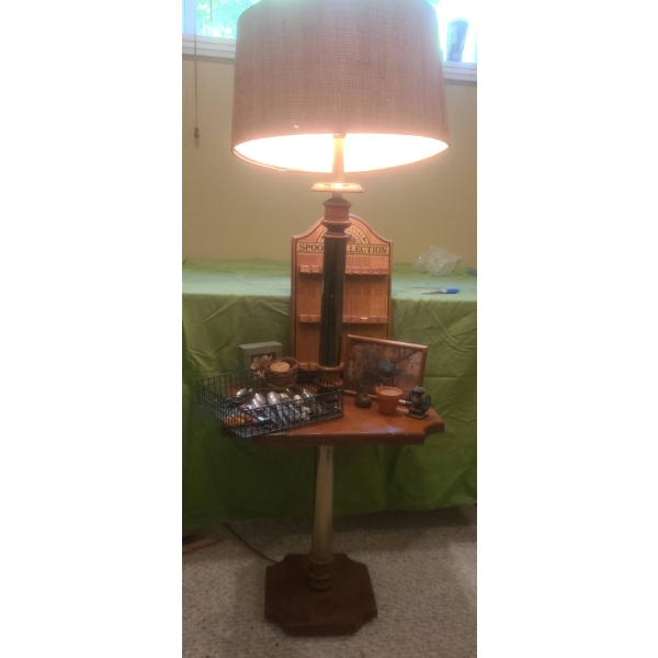 Wood and Brass Floor Lamp with Table, Spoon Collection Rack, Assorted Items