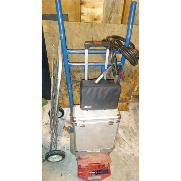 Large Dolly & Grocery Buggy, Booster Cables, Socket Set, & Mystery Silver Colored Case (Could NOT Op